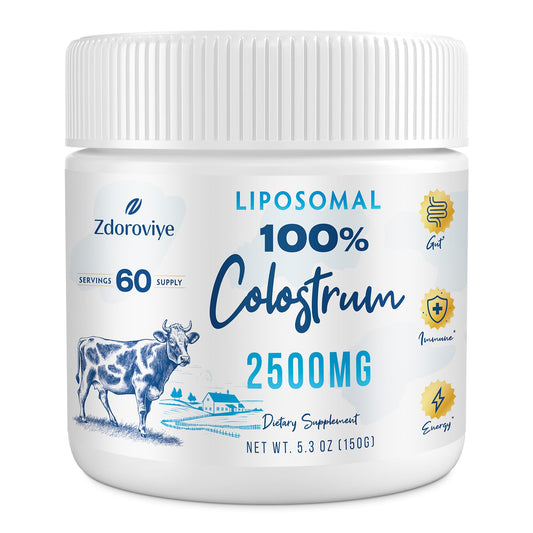 Zdoroviye liposomal bovine colostrum powder bottle on shelf for daily wellness.