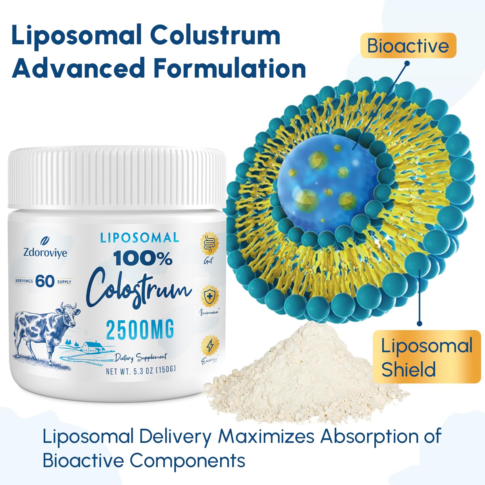 Pouring Zdoroviye liposomal bovine colostrum powder into a glass for mixing.