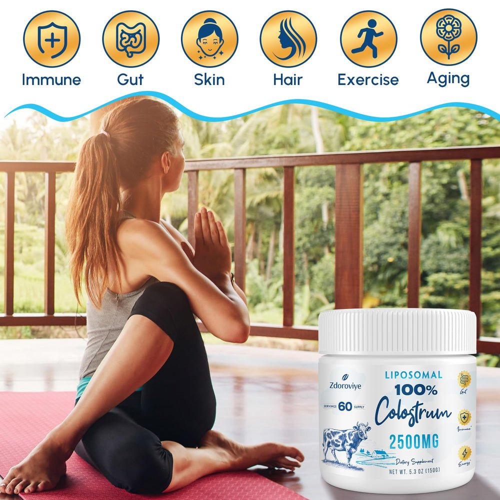 Packaging and bottle of Zdoroviye liposomal bovine colostrum powder.