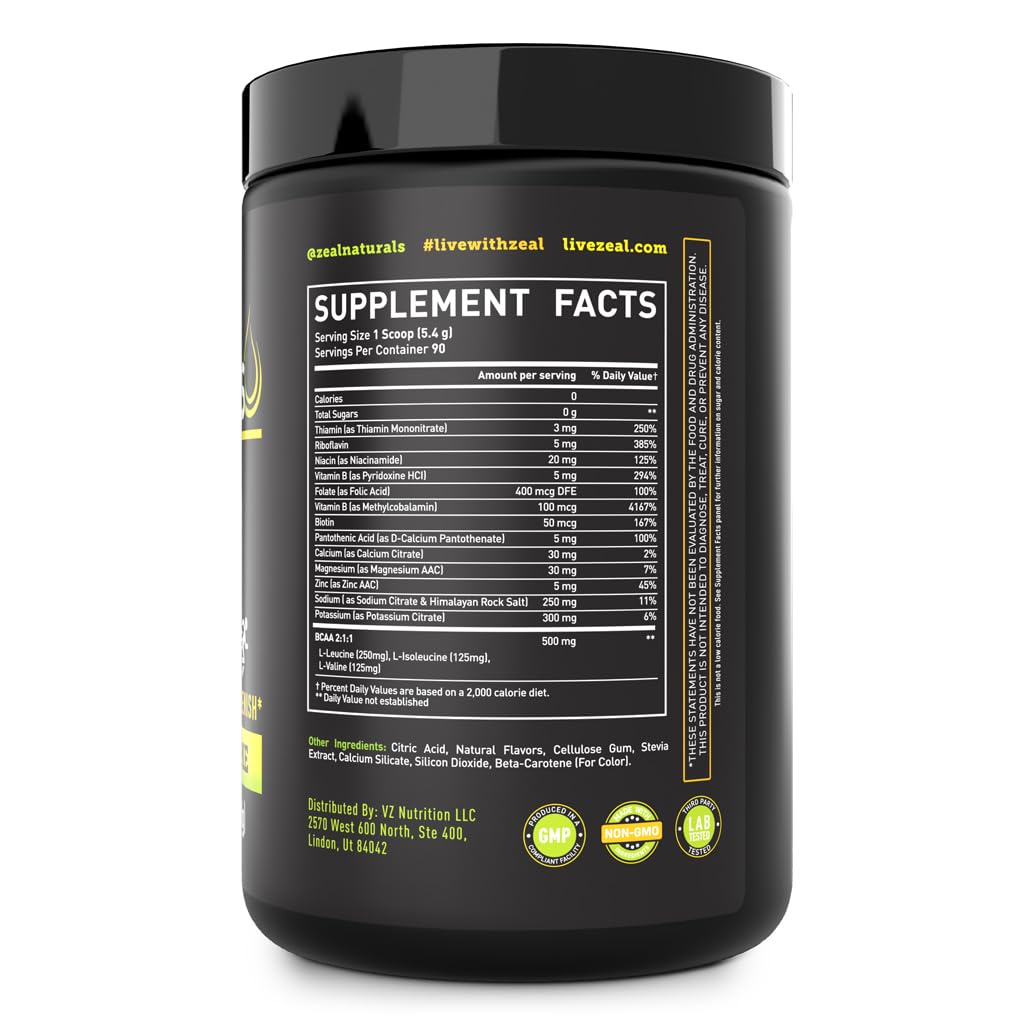 Zeal Electrolyte Lemon Lime ingredients highlight BCAAs and vitamins for recovery