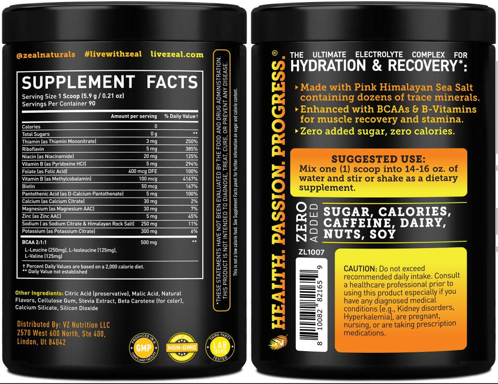 Zeal Electrolyte Powder BCAAs blend highlights amino acids for endurance
