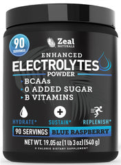 Zeal Electrolyte Powder blue raspberry tub for sustained workout hydration.