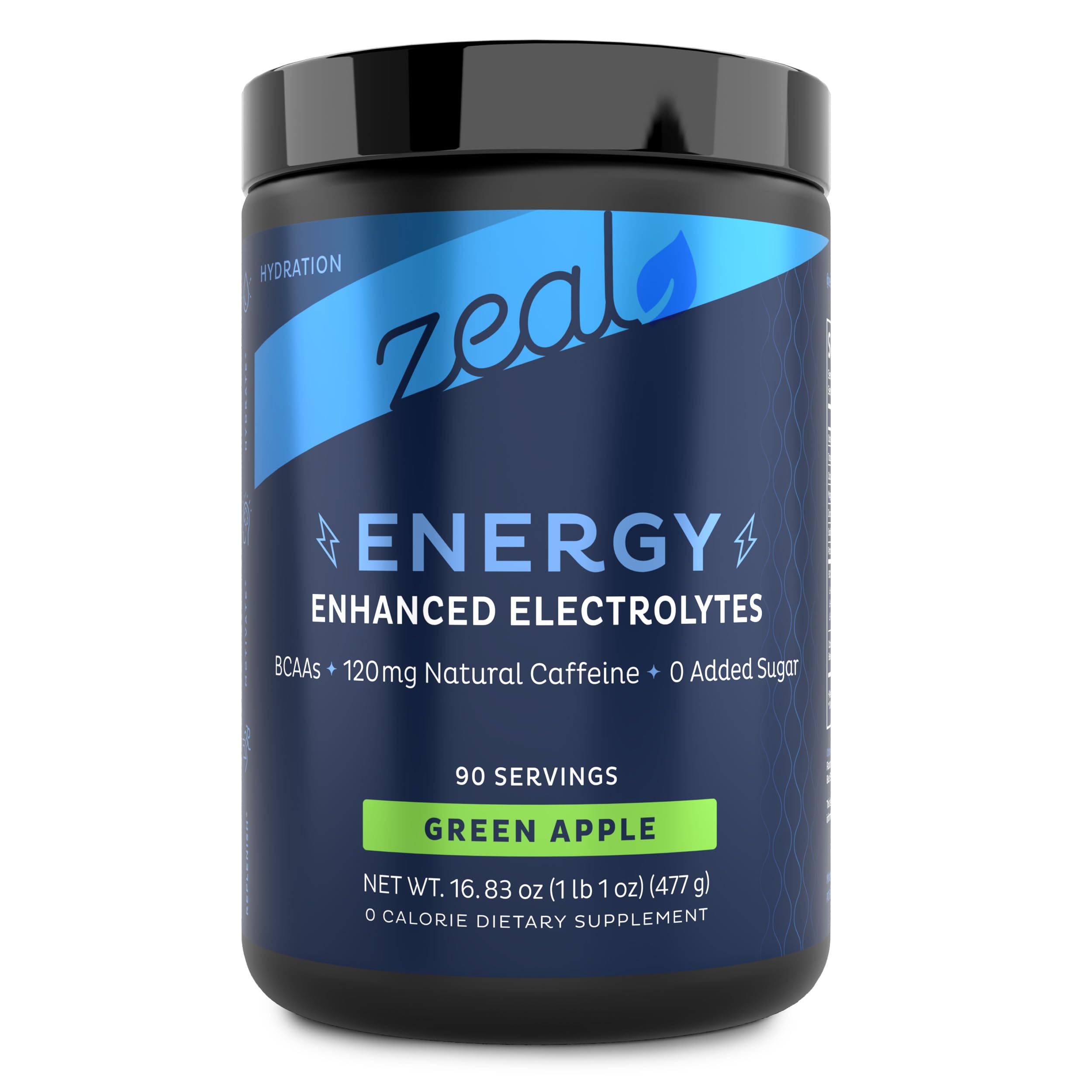 Zeal Electrolyte Powder green apple tub front promotes keto hydration with no sugar.