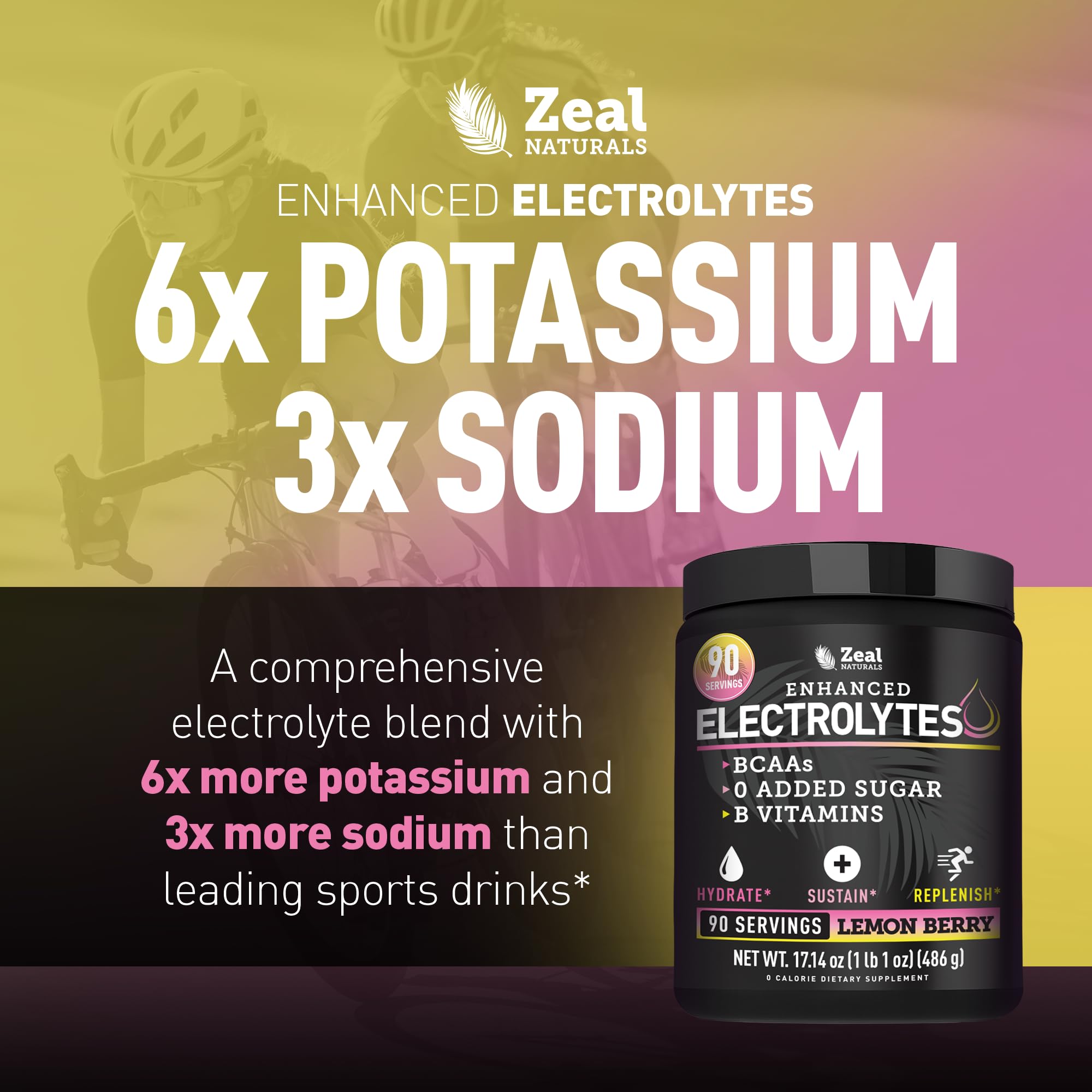 Zeal Electrolyte Powder label highlights BCAAs and vitamins