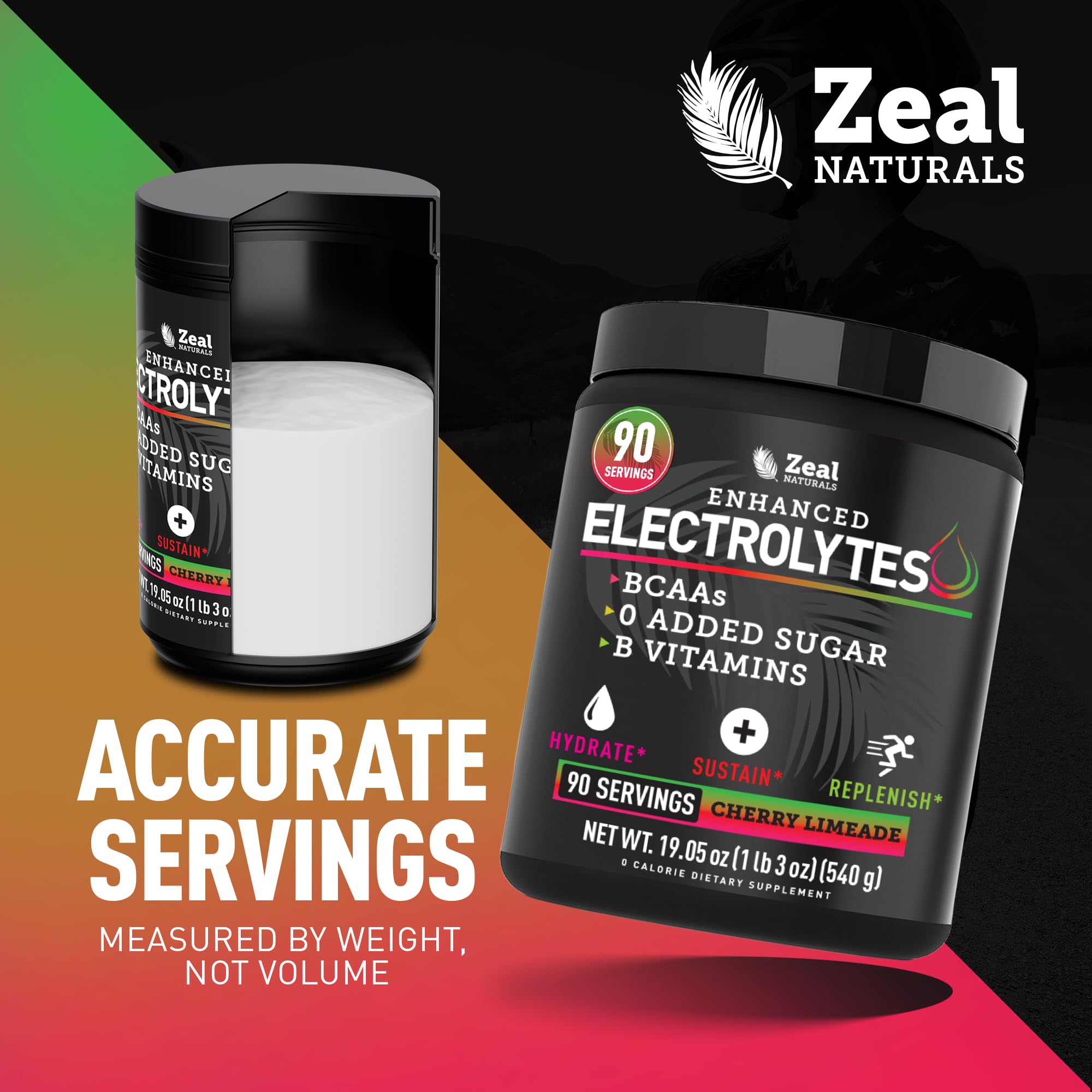 Ingredients close-up shows BCAAs, minerals, and vitamins for balanced hydration.