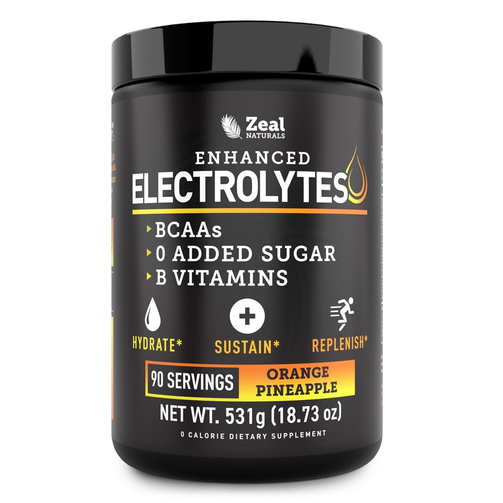 Zeal Electrolyte Powder orange pineapple tub shown for refreshing workout hydration