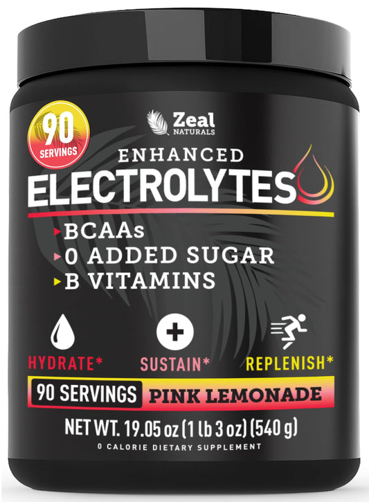 Zeal Electrolyte Powder pink lemonade bottle for sustained hydration during workouts.