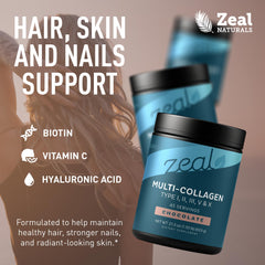 Zeal Naturals collagen powder ingredient icons illustrating marine bovine chicken and eggshell sources