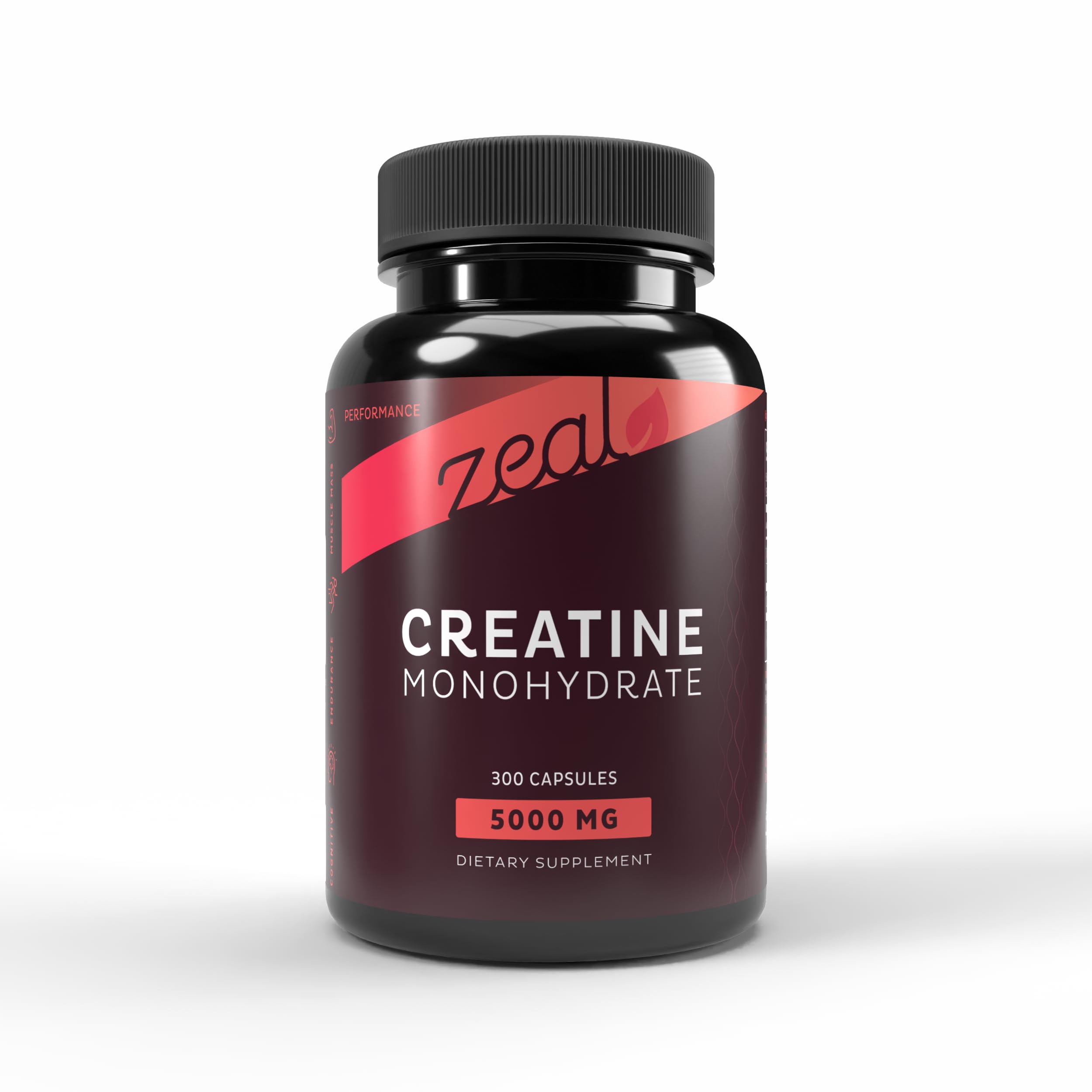 Zeal Naturals Creatine Monohydrate capsules bottle supports convenient daily dosing.