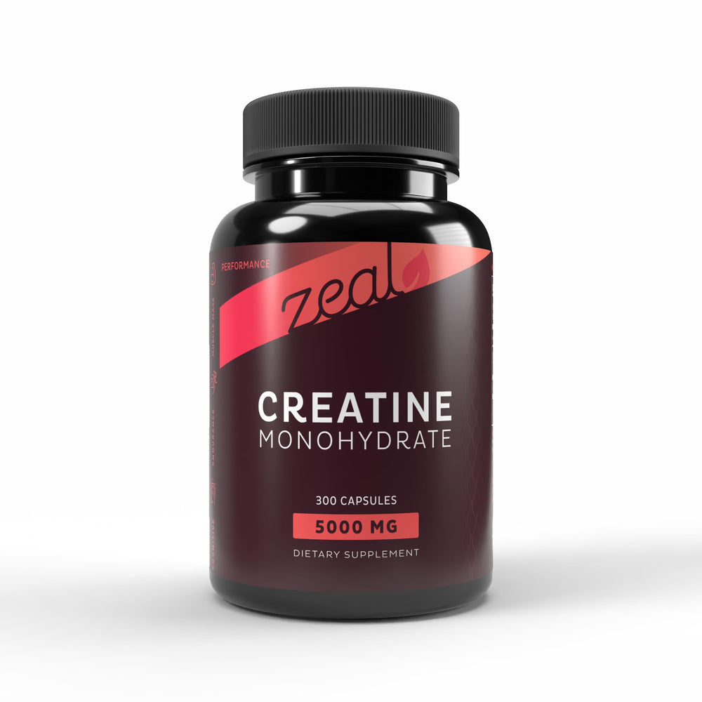 Zeal Naturals Creatine Monohydrate capsules bottle supports convenient daily dosing.