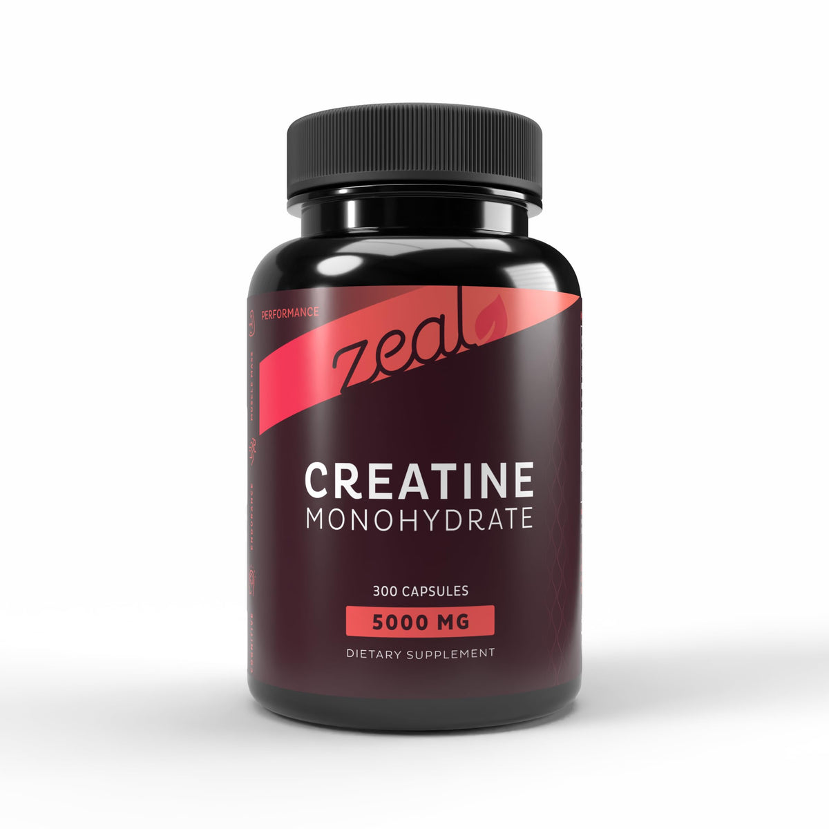 Zeal Naturals Creatine Monohydrate capsules bottle supports convenient daily dosing.
