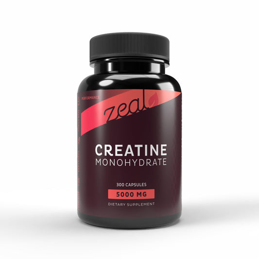 Zeal Naturals Creatine Monohydrate capsules bottle supports convenient daily dosing.