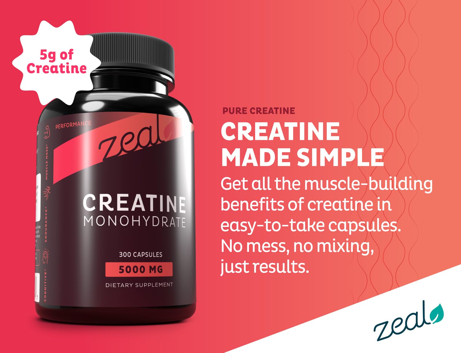 Zeal Naturals Creatine Monohydrate capsules closeup highlights uniform capsules for easy swallowing.