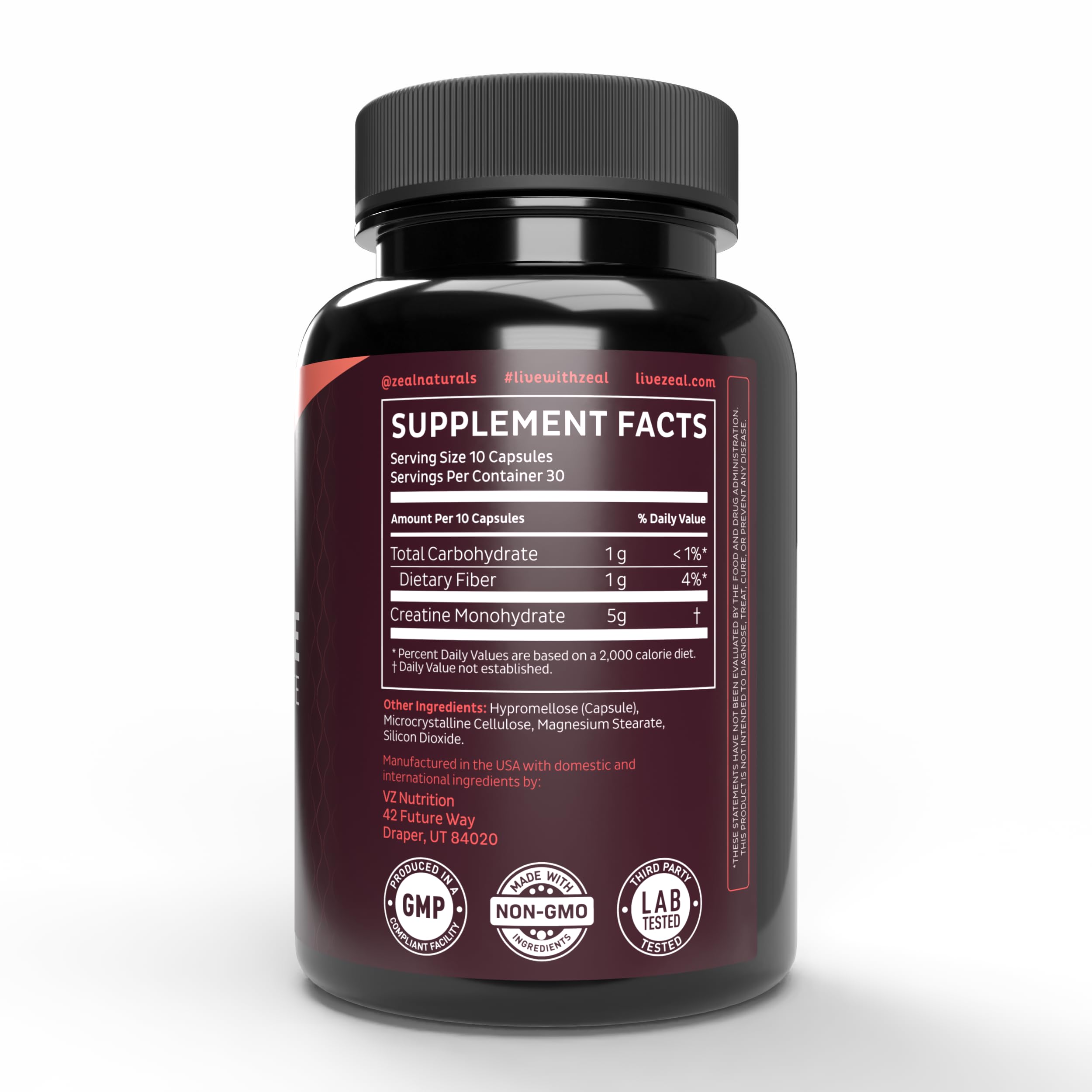 Zeal Naturals Creatine Monohydrate capsules lifestyle shot conveys everyday use.