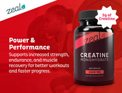 Zeal Naturals Creatine Monohydrate capsules in a gym scene imply training support.