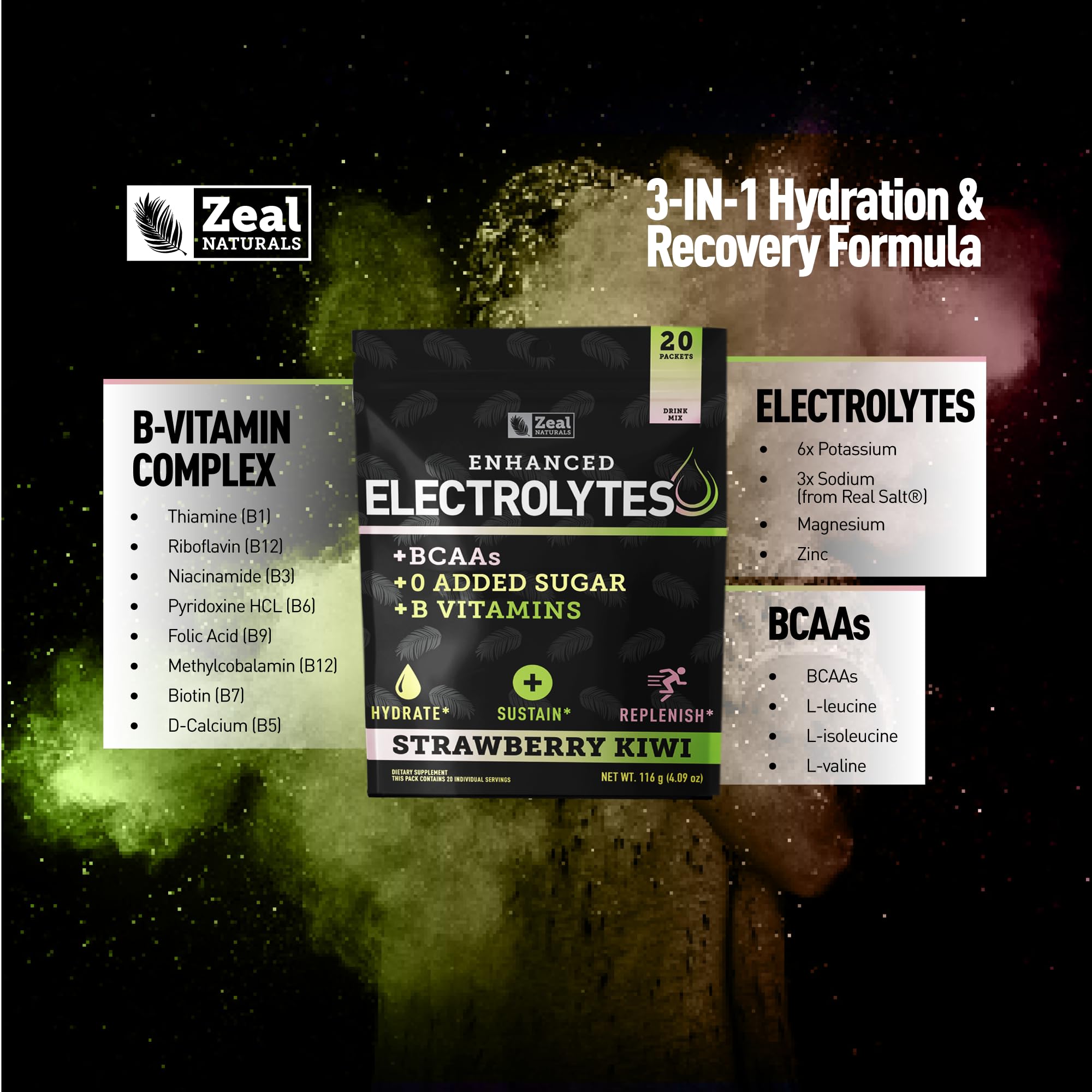 Zeal Naturals Enhanced Electrolyte Stick ingredients panel highlights potassium, zinc, magnesium