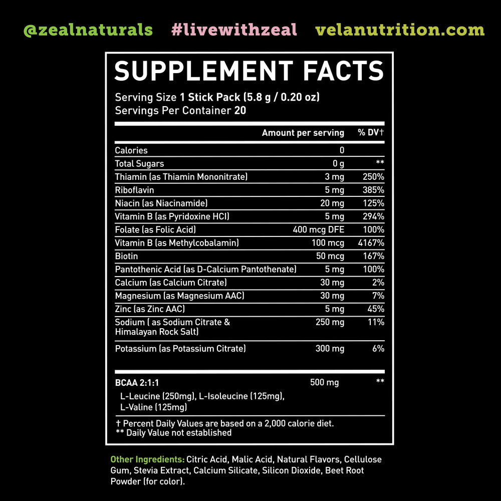 Zeal Naturals Enhanced Electrolyte Stick nutrition label shows BCAAs and B-vitamins