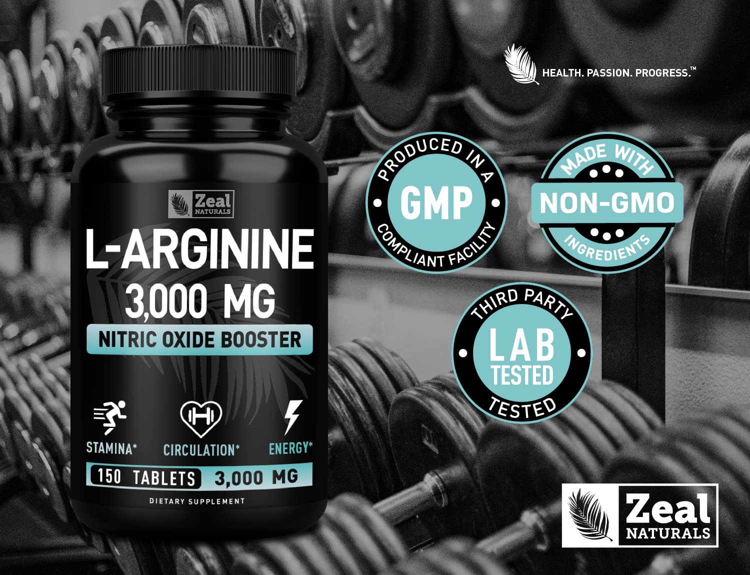 Zeal Naturals L-Arginine bottle in gym setting during workout.