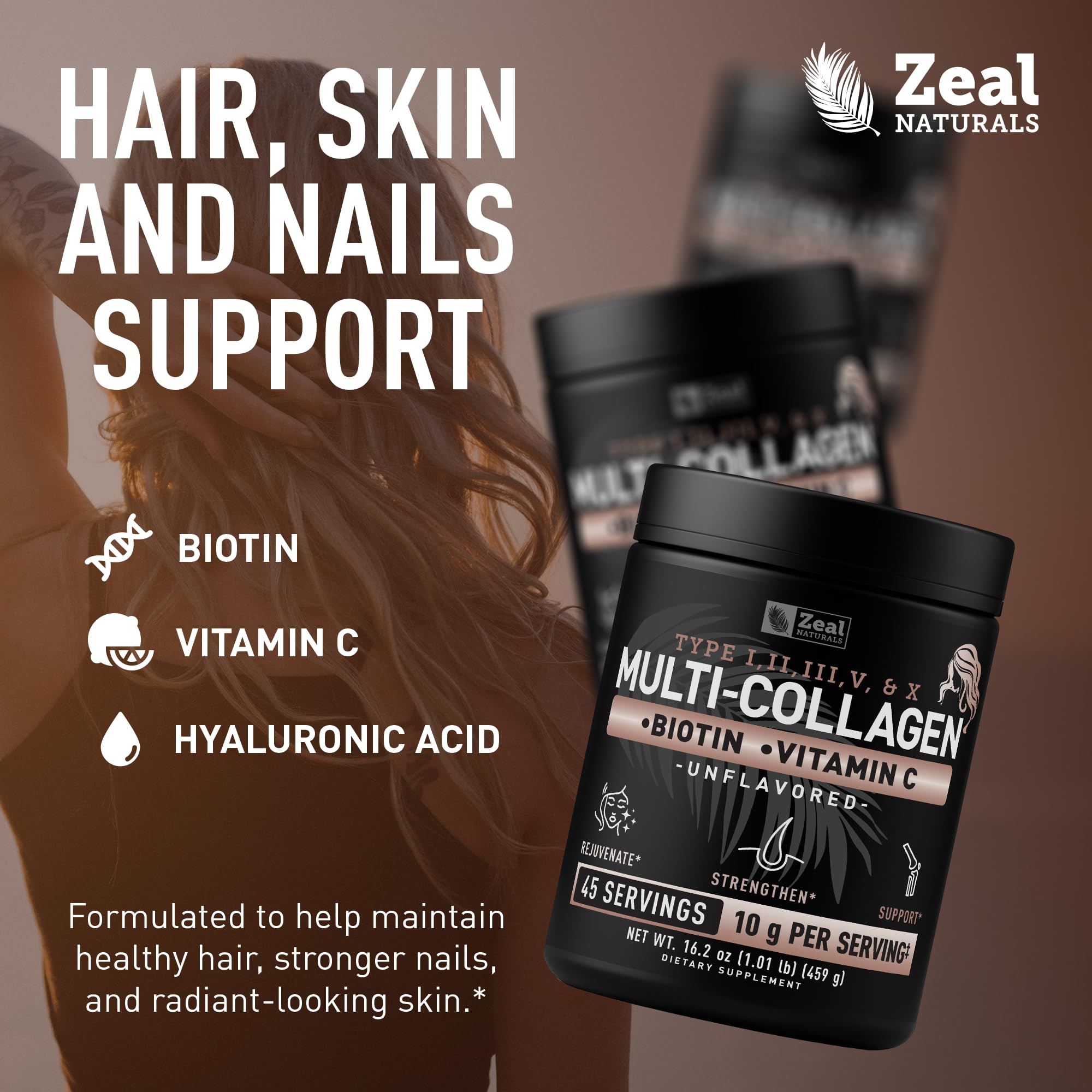 Zeal Naturals bottle close-up with label highlights vitamins for skin support.