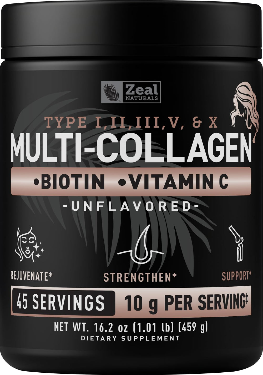 Zeal Naturals Multi Collagen Powder unflavored in a jar supports hair, skin, and nails.