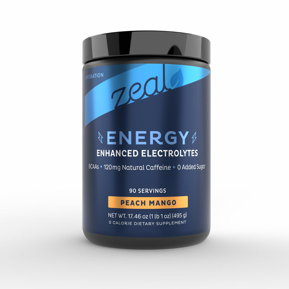 Zeal Naturals peach-mango tub showcases electrolytes for hydration support.