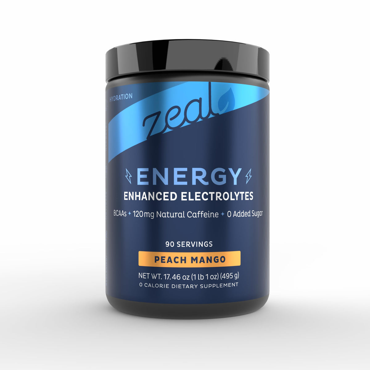 Zeal Naturals peach-mango tub showcases electrolytes for hydration support.
