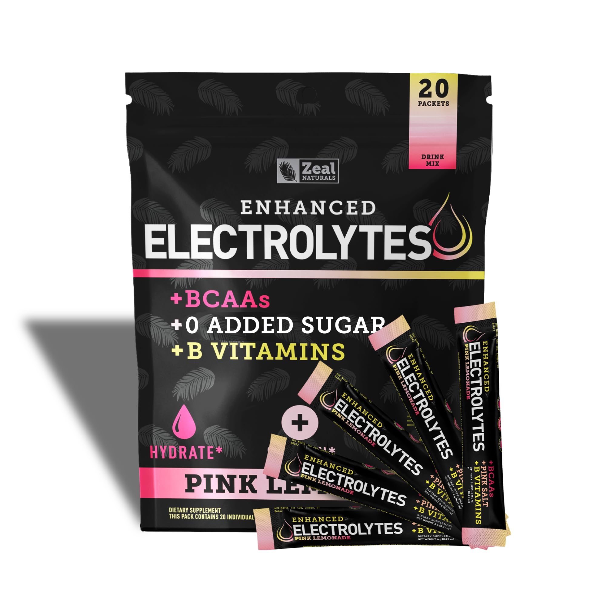 Zeal Naturals Pink Lemonade electrolyte stick pack front, vibrant hydration boost for workouts