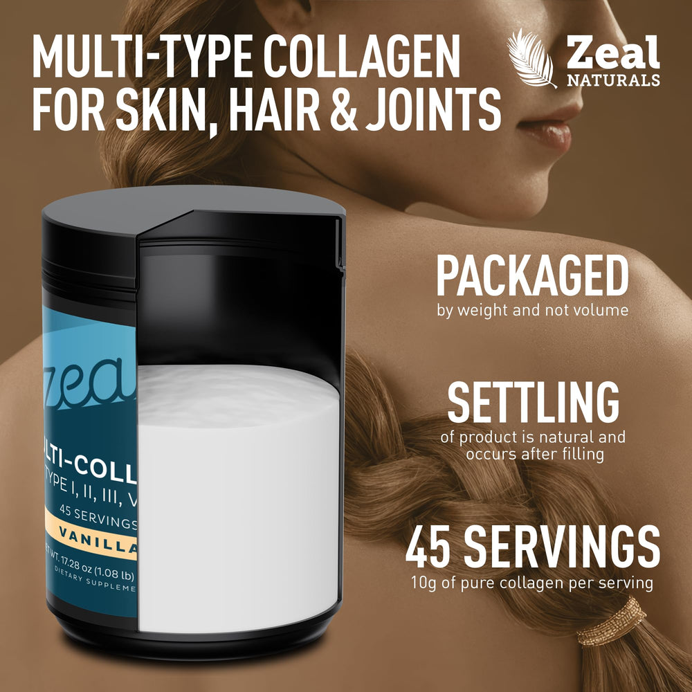 Zeal Naturals Vanilla collagen nutrition label highlights vitamins and collagen types.