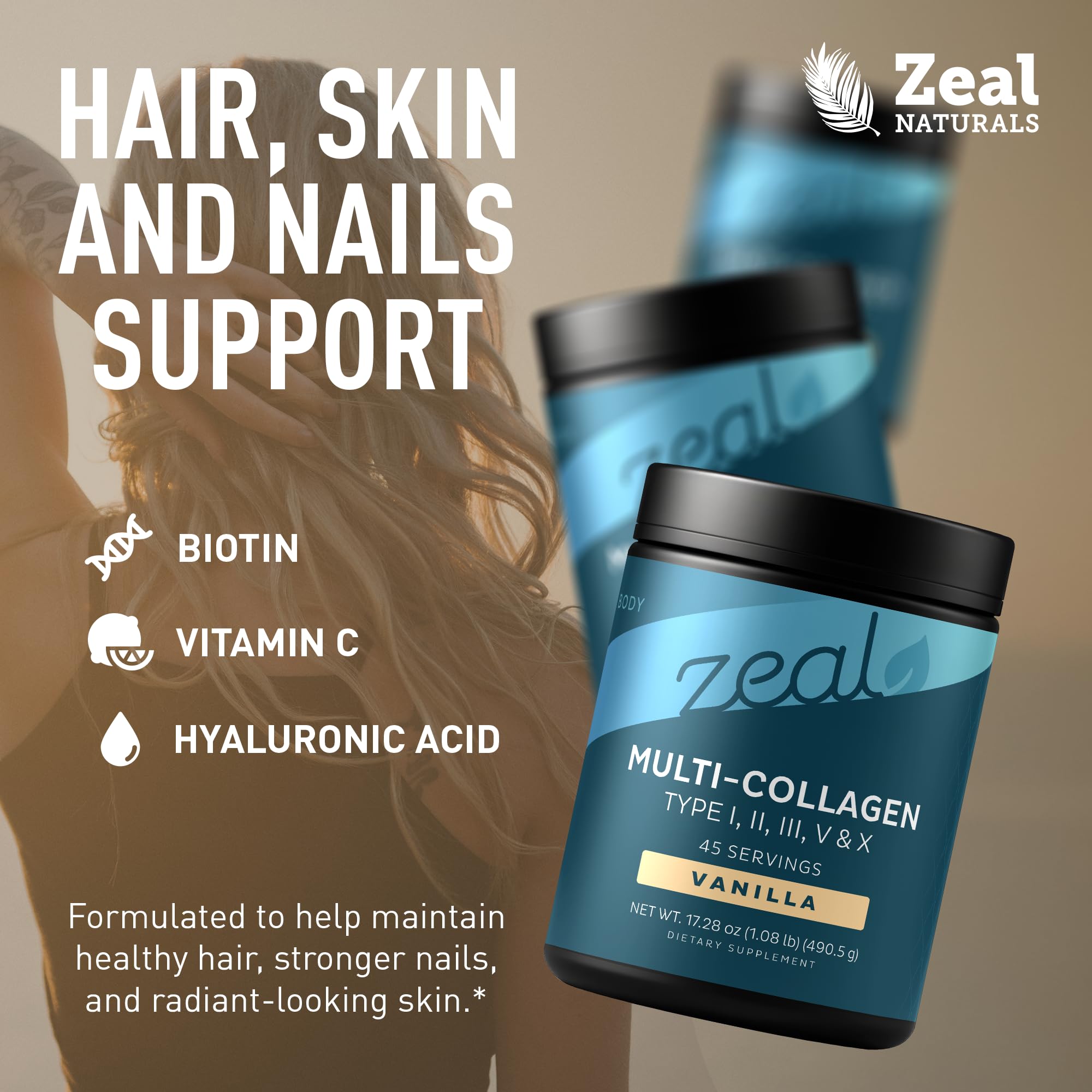 Zeal Naturals Vanilla collagen powder scoop for a daily serving.