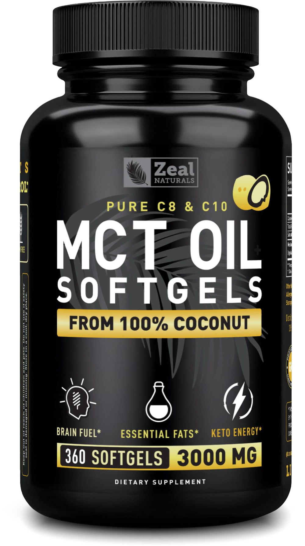 Zeal Naturals Pure MCT Oil Capsules bottle for sustained energy and mental clarity.