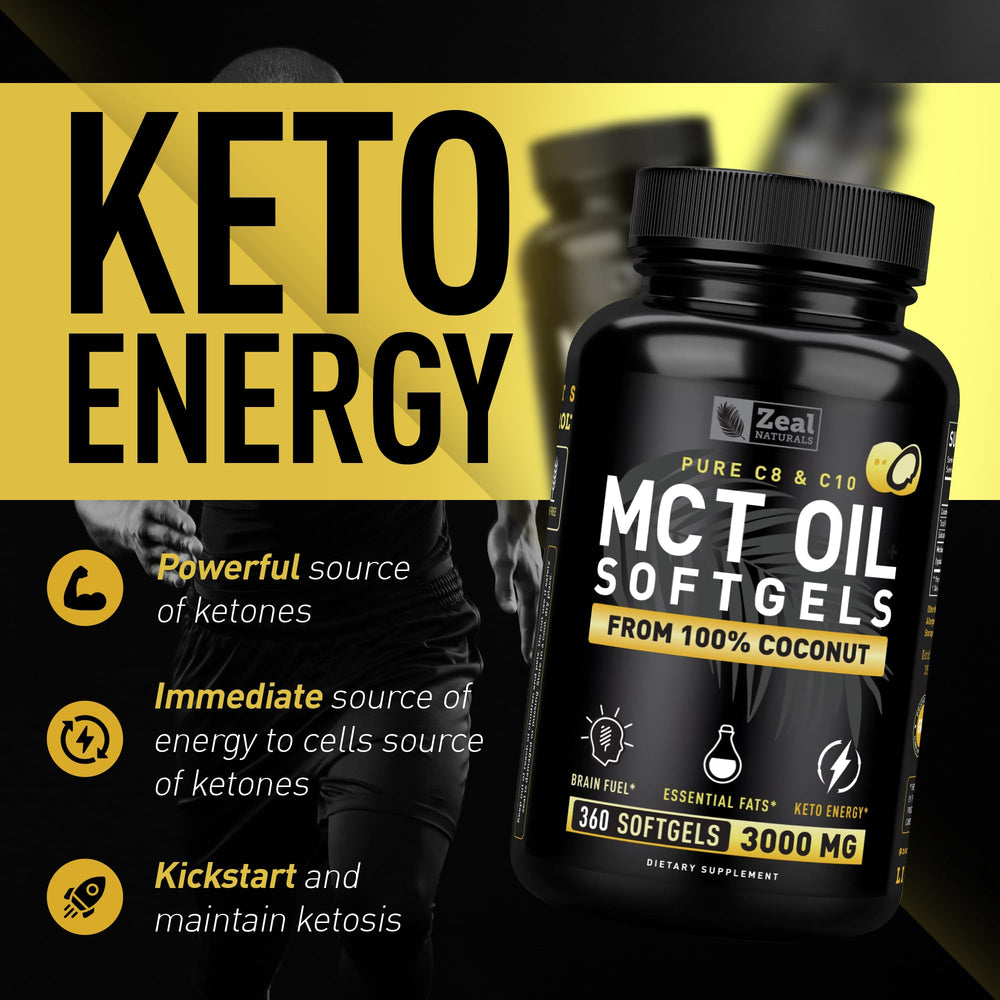 Zeal Naturals Pure MCT Capsules label close-up highlighting gluten-free, keto-ready formula.