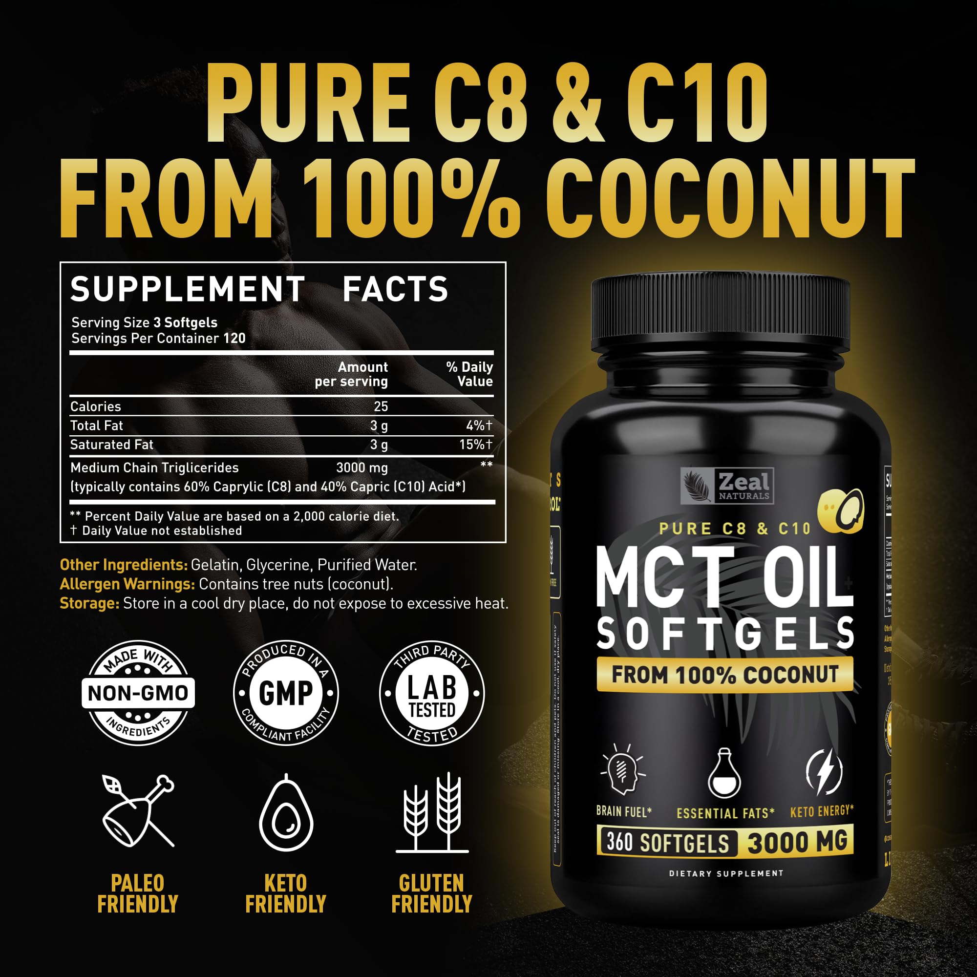 Close-up of Zeal Naturals MCT Capsules pouring for keto-friendly energy.