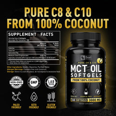 Close-up of Zeal Naturals MCT Capsules pouring for keto-friendly energy.