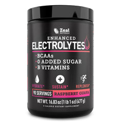 Zeal Electrolyte Powder tub shows Raspberry Guava flavor for boosted hydration and recovery.