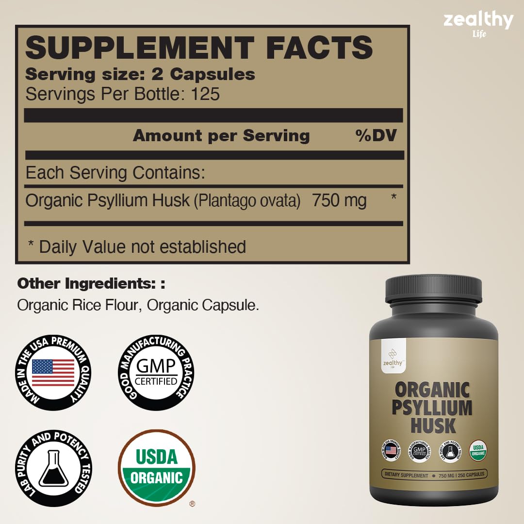 Z Zealthy Life psyllium capsules label shows 750 mg per capsule