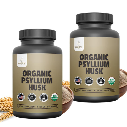 Zealthy Life bottle front showing 750 mg psyllium capsules for daily fiber support
