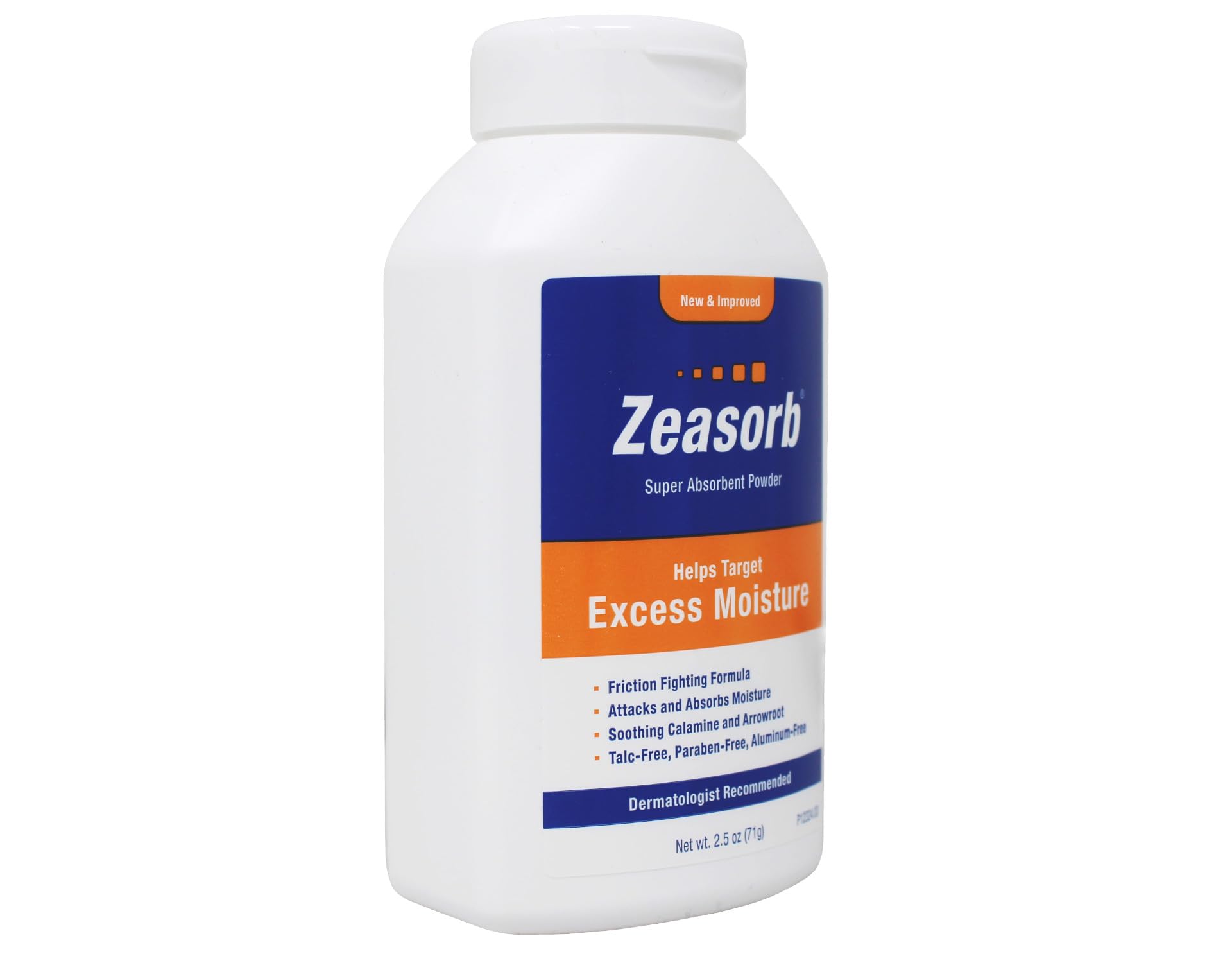 Close-up of Zeasorb bottle pour for easy, quick moisture absorption.