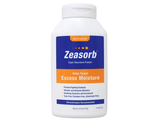 Zeasorb packaging shows convenient six-pack for on-the-go moisture control.