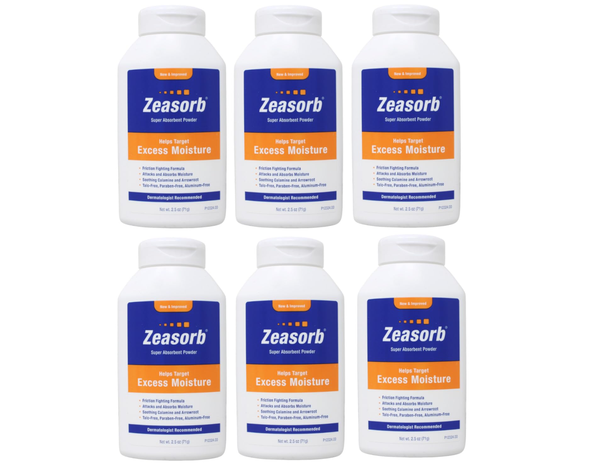 Zeasorb six-pack bottles deliver absorbent powder for dry comfort.