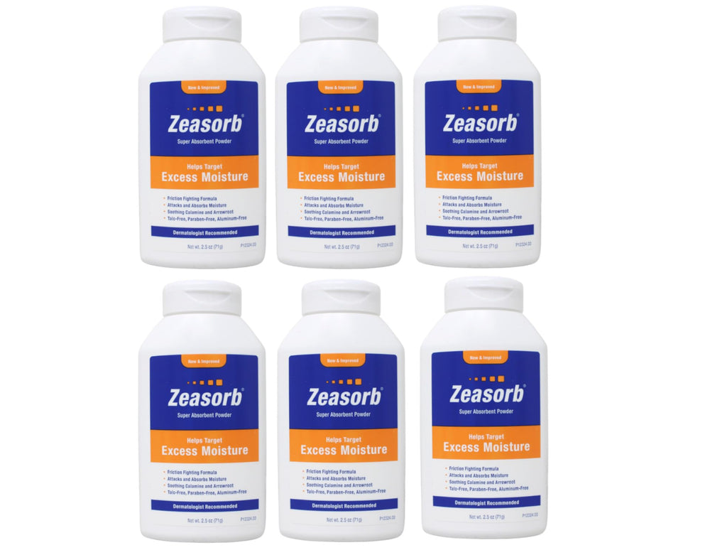 Zeasorb six-pack bottles deliver absorbent powder for dry comfort.