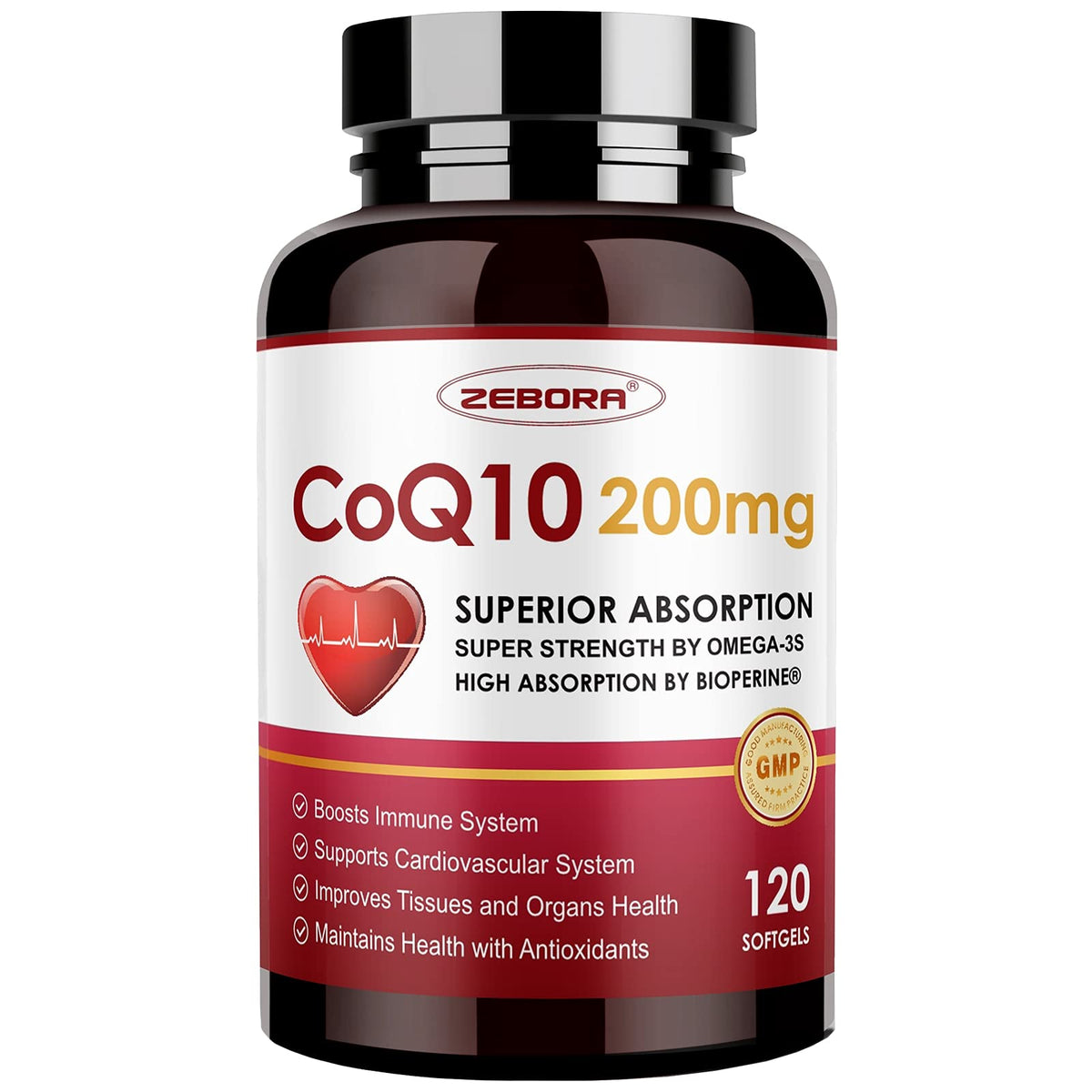 ZEBORA CoQ10 packaging shows 120-day supply for energy and heart support.