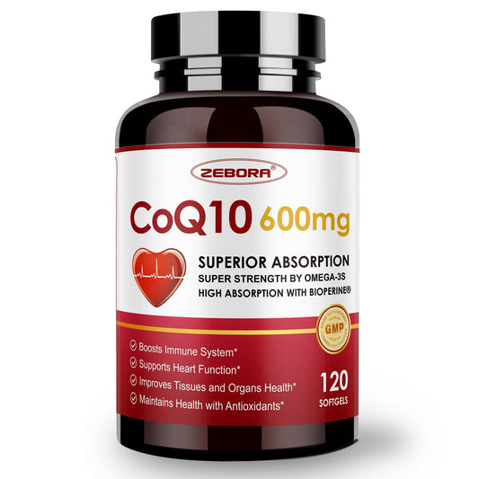 ZEBORA CoQ10-600mg softgels bottle for energy support on the go