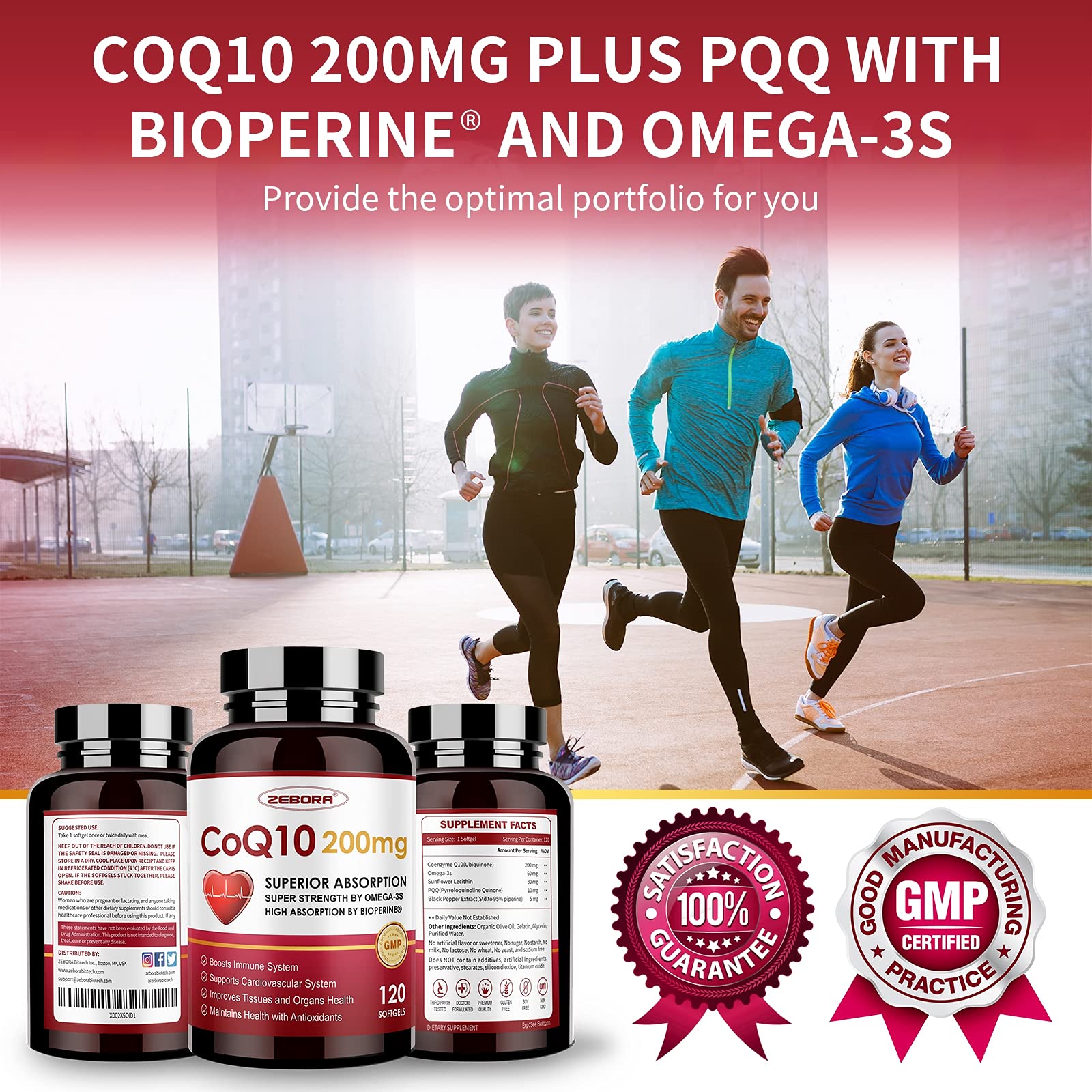 ZEBORA CoQ10 natural ingredients seal indicates third-party testing.