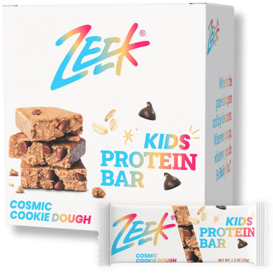 Zeek Bar Cosmic Cookie Dough pack shows gluten-free, high-protein nutrition.