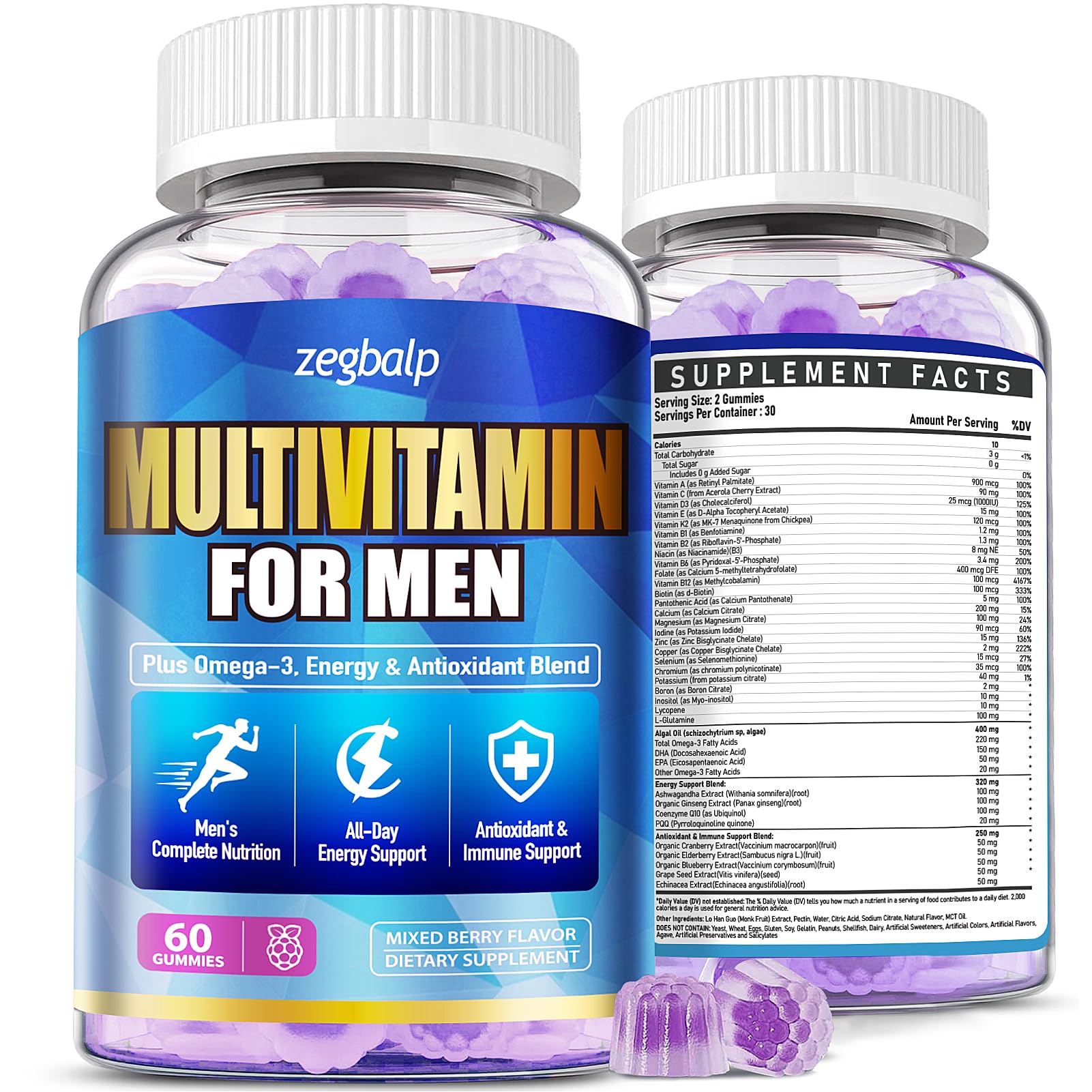 ZEGBALP mens multivitamin gummies bottle offering convenient daily nutrition for active men.
