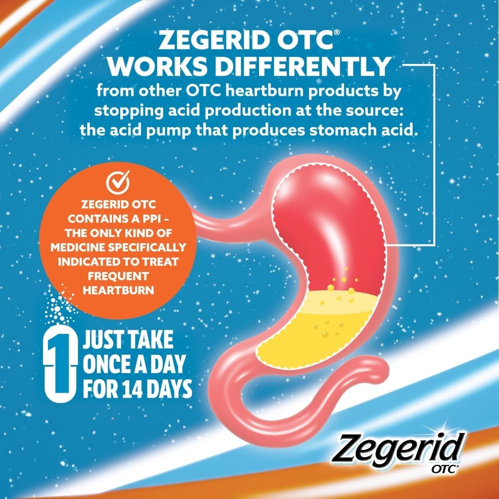 Pill close-up highlighting omeprazole and sodium bicarbonate ingredients