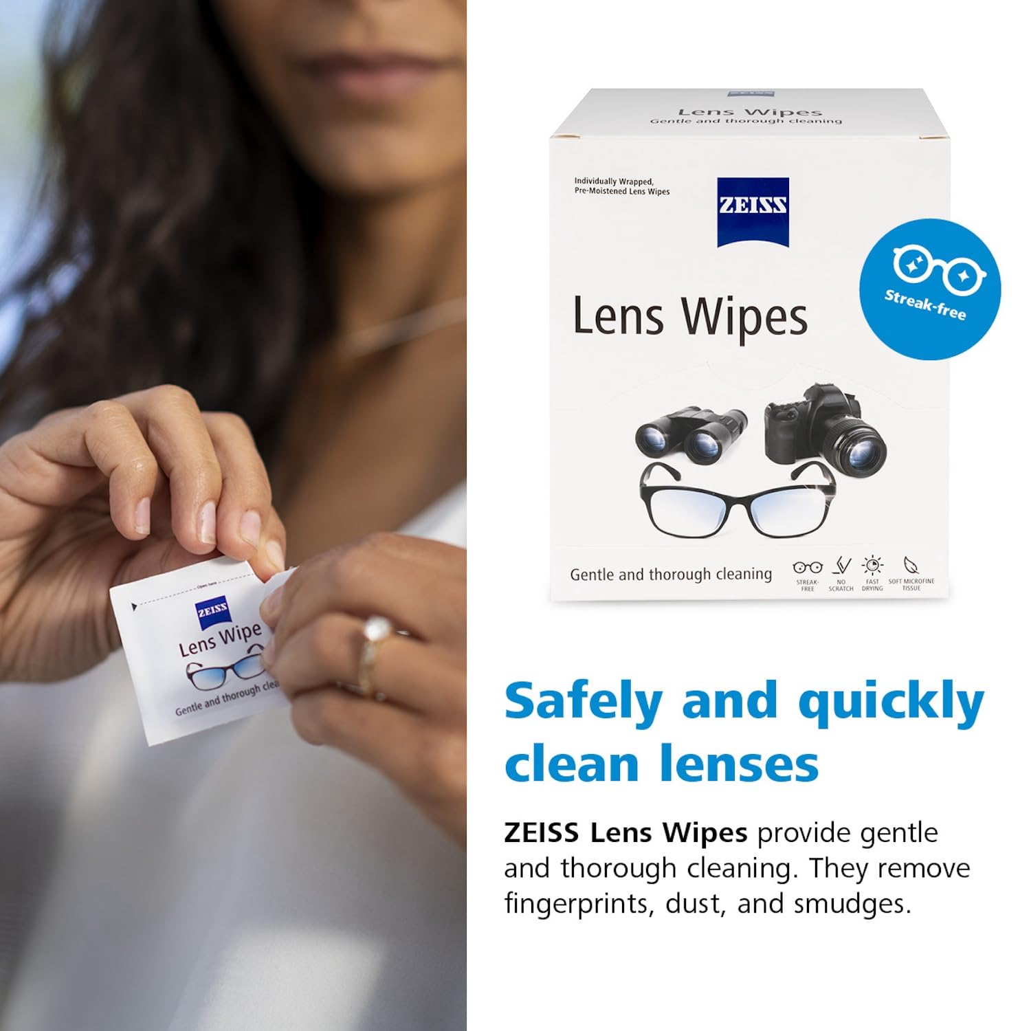 ZEISS ultra-soft, non-abrasive wipes protect lenses while removing dirt.