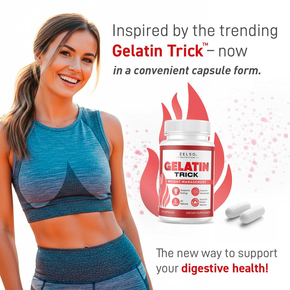 ZELSO Gelatin Trick bottle label close-up highlights GelatinTrick advanced formula