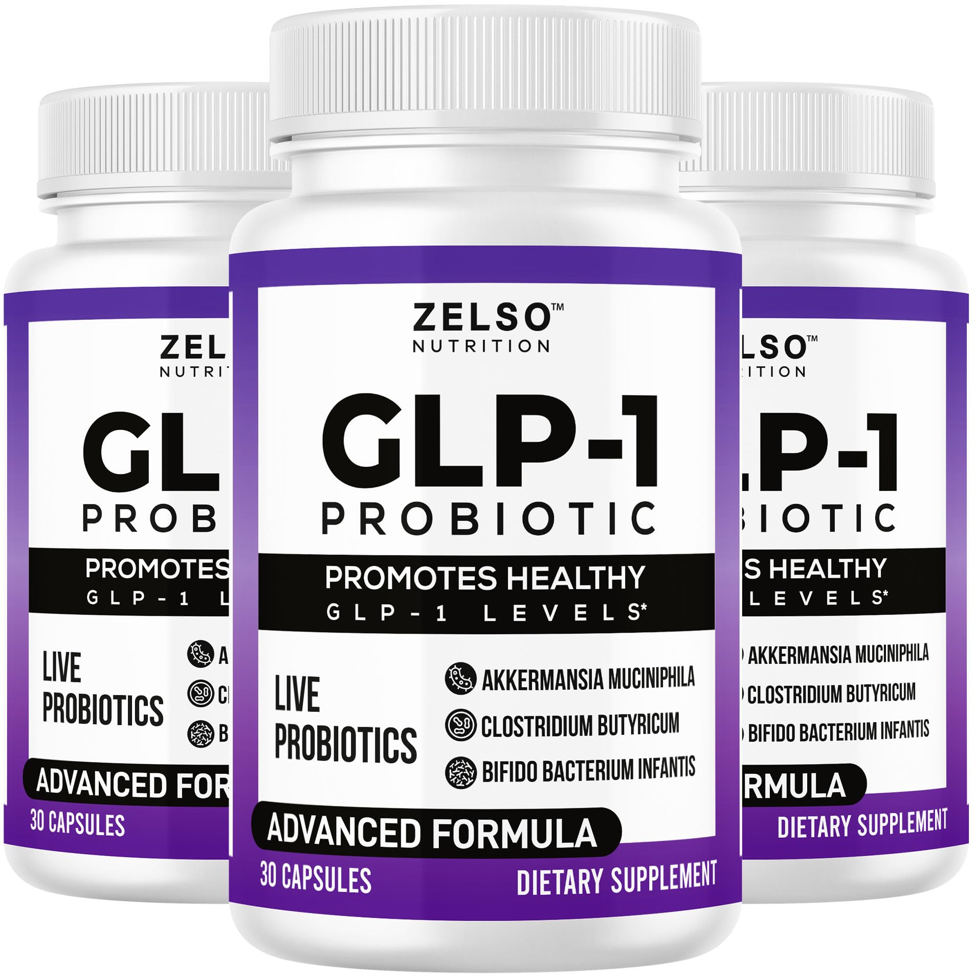 ZELSO GLP-1 probiotic bottle featuring Akkermansia Muciniphila for gut balance.