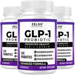 ZELSO GLP-1 probiotic bottle featuring Akkermansia Muciniphila for gut balance.
